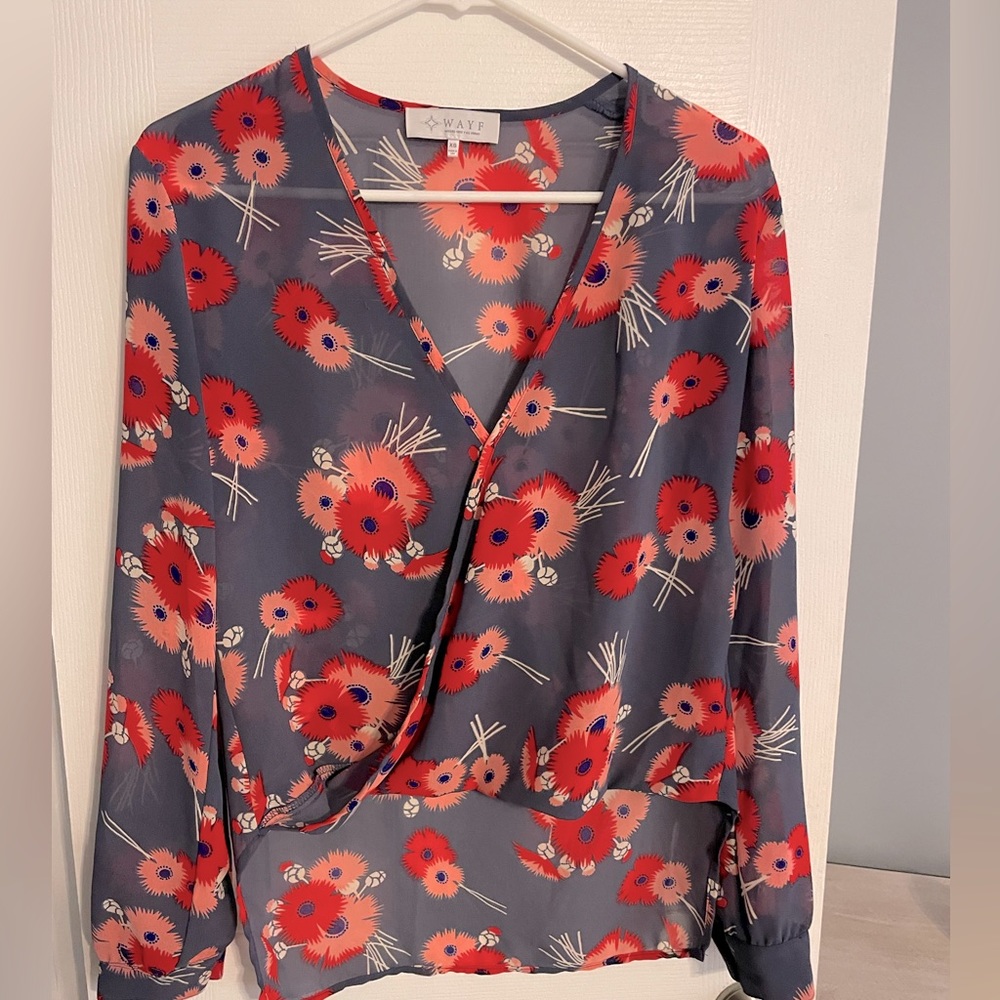 WAYF Womens Size XS Floral Semi Sheer Faux Wrap Top Blouse